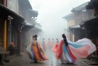 云裳羽衣古风服饰漫步：穿越云雾缭绕的古老街道